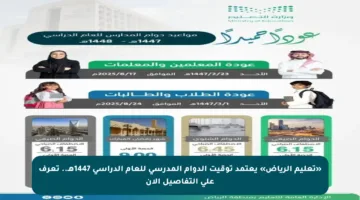 «تعليم الرياض» يعتمد توقيت الدوام المدرسي للعام الدراسي 1447هـ.. تعرف على التفاصيل الآن